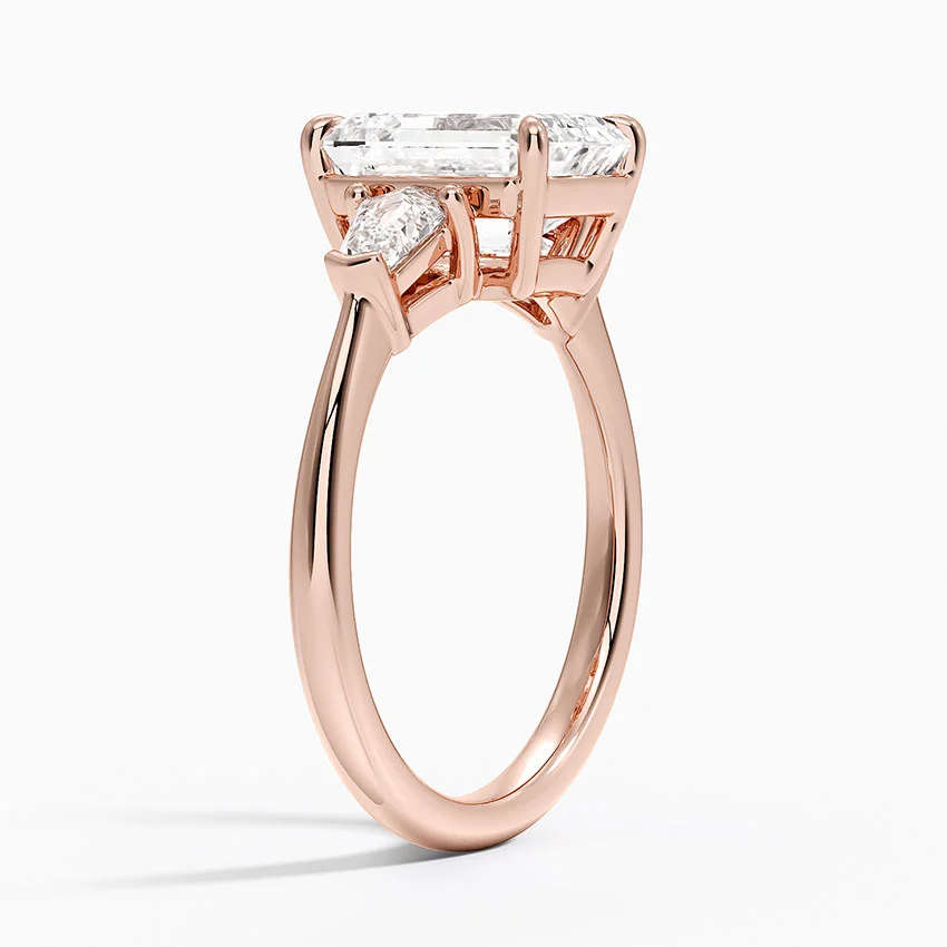 Emerald Cut Diamond Three Stone Engagement Ring, Trillion Side Diamond Ring, Bridal Ring