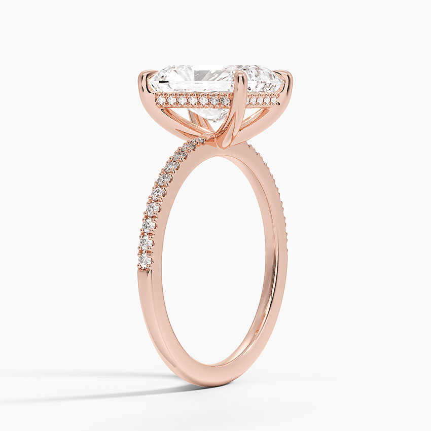 Radiant Cut Diamond Engagement Ring, Hidden Halo Pavé Band Ring, Thin Gold Solitaire Ring