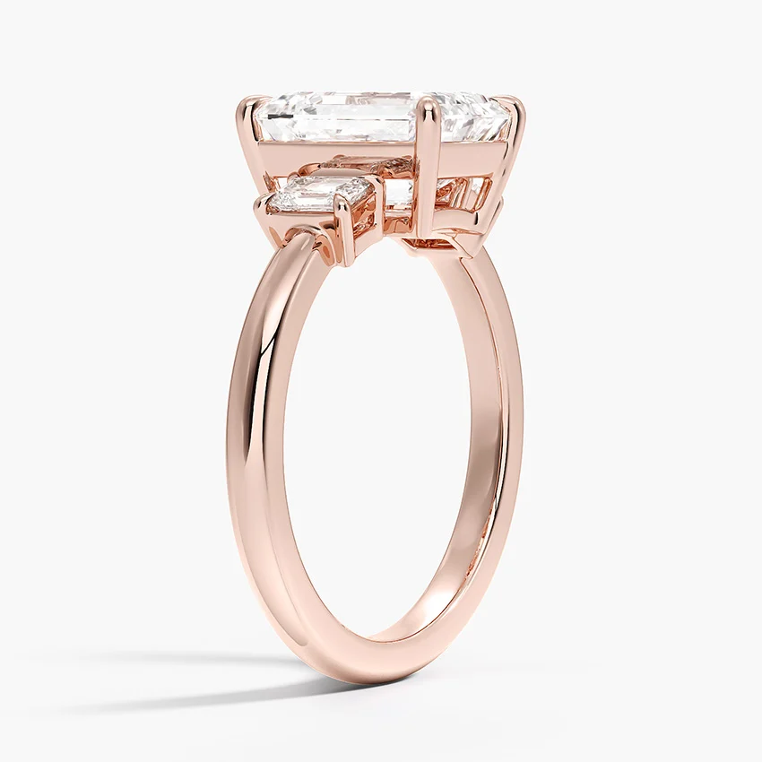 Emerald Cut Diamond Three Stone Ring, Engagement Ring, Classic Solitaire with Side Baguettes