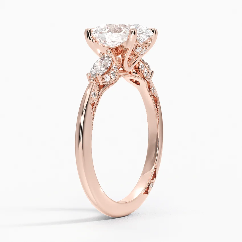 Oval Cut Diamond Engagement Ring, Three Stone Ring, Marquise Side Diamond Ring