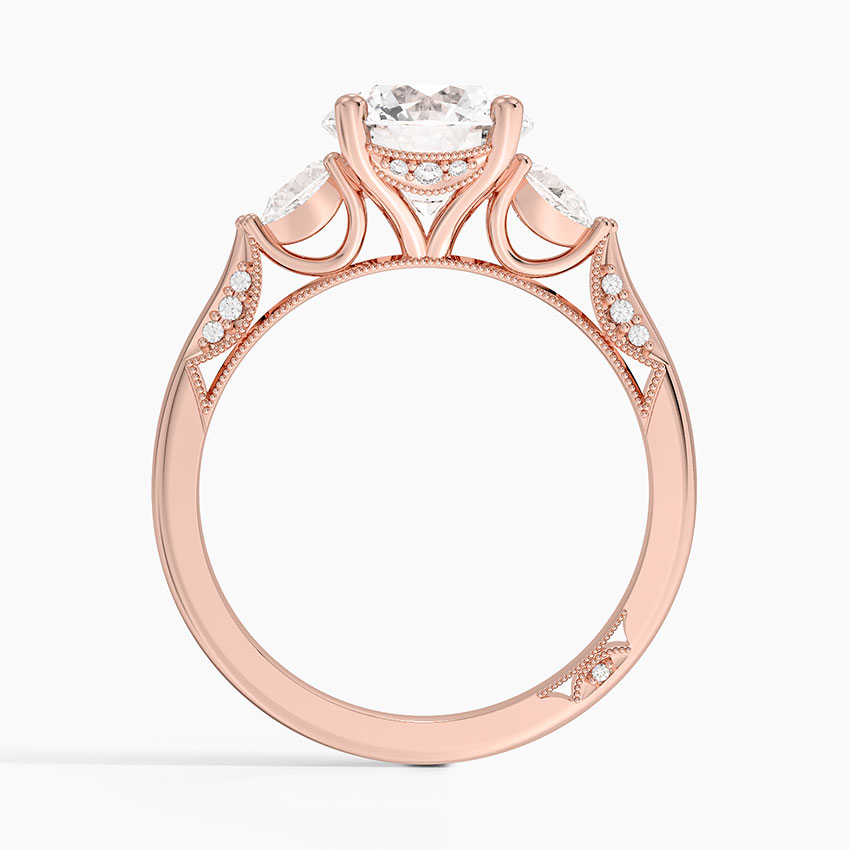 Round Brilliant Cut Diamond Engagement Ring with Pear Side Stones, plit Shank Milgrain Band
