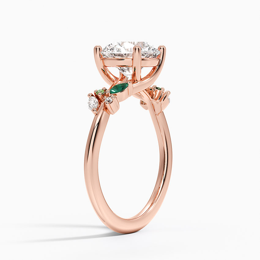 Round Cut Moissanite Engagement Ring with Emerald Leaf Side Stones, Nature Inspired Bridal Ring, Solid Gold Solitaire Ring (Copy)
