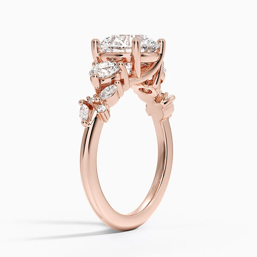 Round Cut Moissanite Three Stone Engagement Ring, Diamond Cluster Side Stones Ring, Solid Gold Bridal Ring