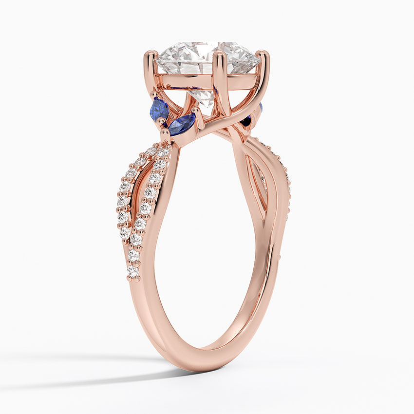 Blue Sapphire & Round Cut Moissanite Engagement Ring, Split Shank Diamond Ring, Vintage Floral Inspired Bridal Ring