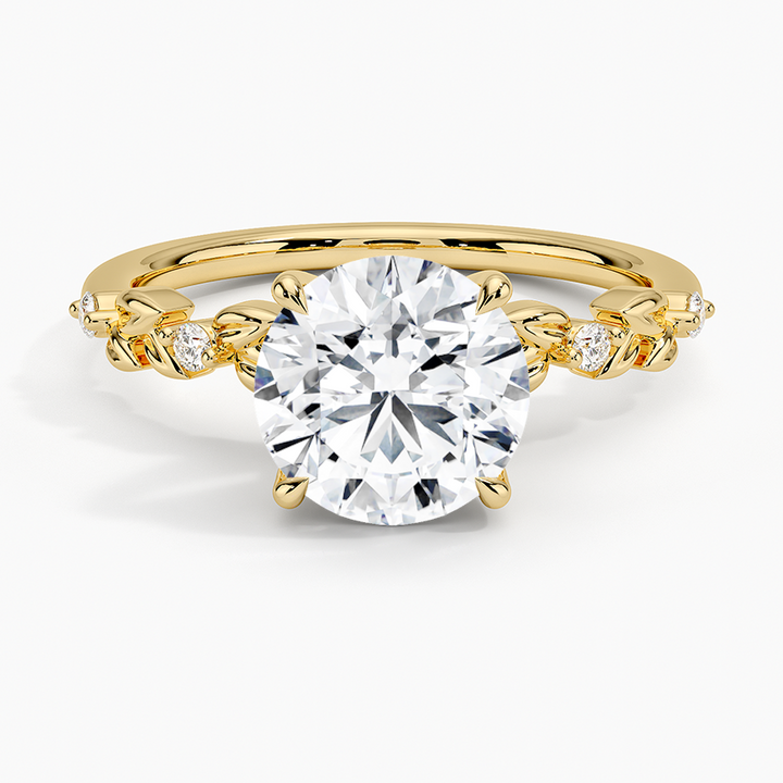 Round Cut Diamond Engagement Ring, Nature Inspired Leaf Band Ring, Floral Vine Gold Ring