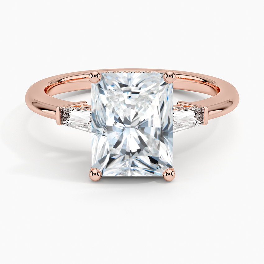 Radiant Cut Solitaire Engagement Ring with Tapered Side Stones, Elegant 3 Stone Diamond Ring