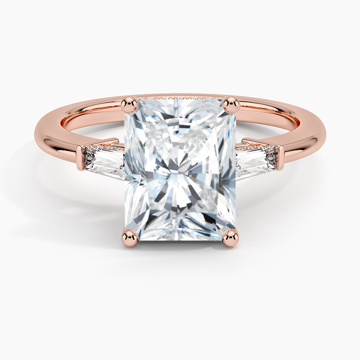 Radiant Cut Solitaire Engagement Ring with Tapered Side Stones, Elegant 3 Stone Diamond Ring