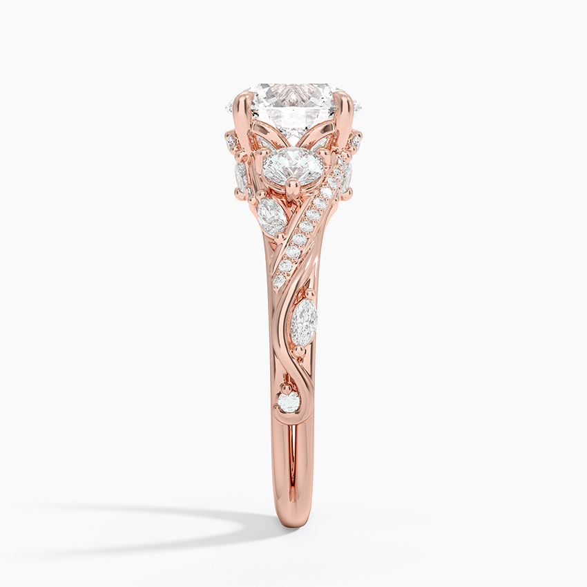 Round Brilliant Cut Diamond Engagement Ring, Twisted Vine Three Stone Ring, Floral Side Diamond Ring