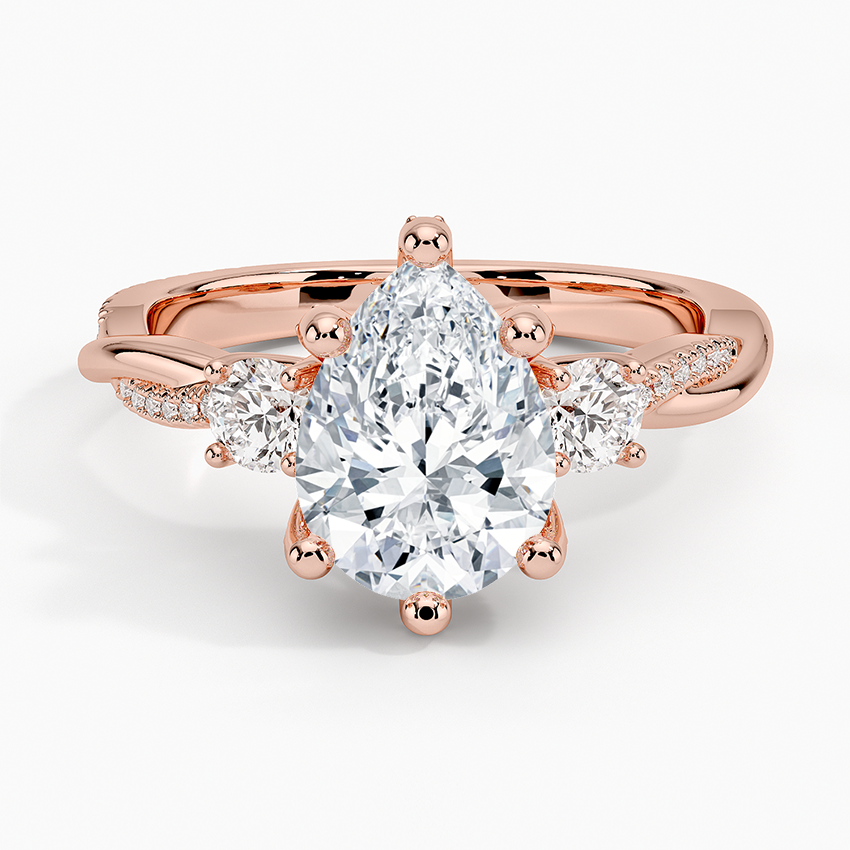 Pear Cut Moissanite Engagement Ring, Three Stone Diamond Ring, Twisted Pave Band Ring