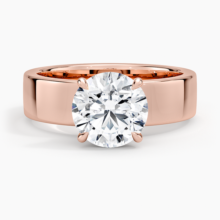 Round Cut Solitaire Engagement Ring, Wide Band Diamond Ring, Minimalist Bridal Ring