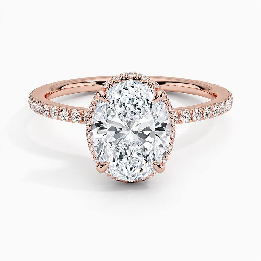 Oval Cut Diamond Engagement Ring, Hidden Halo Oval Ring, Pave Diamond Band Ring