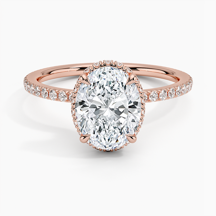 Oval Cut Diamond Engagement Ring, Hidden Halo Oval Ring, Pave Diamond Band Ring