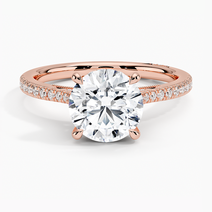 Round Cut Solitaire Diamond Engagement Ring with Pavé Band, Promise Ring, Minimalist Bridal Jewelry