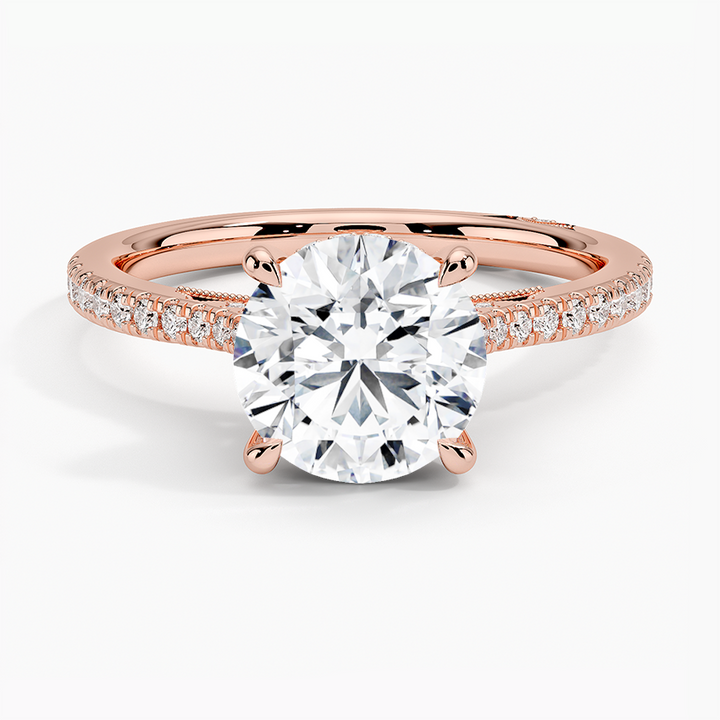 Round Cut Solitaire Diamond Engagement Ring with Pavé Band, Promise Ring, Minimalist Bridal Jewelry