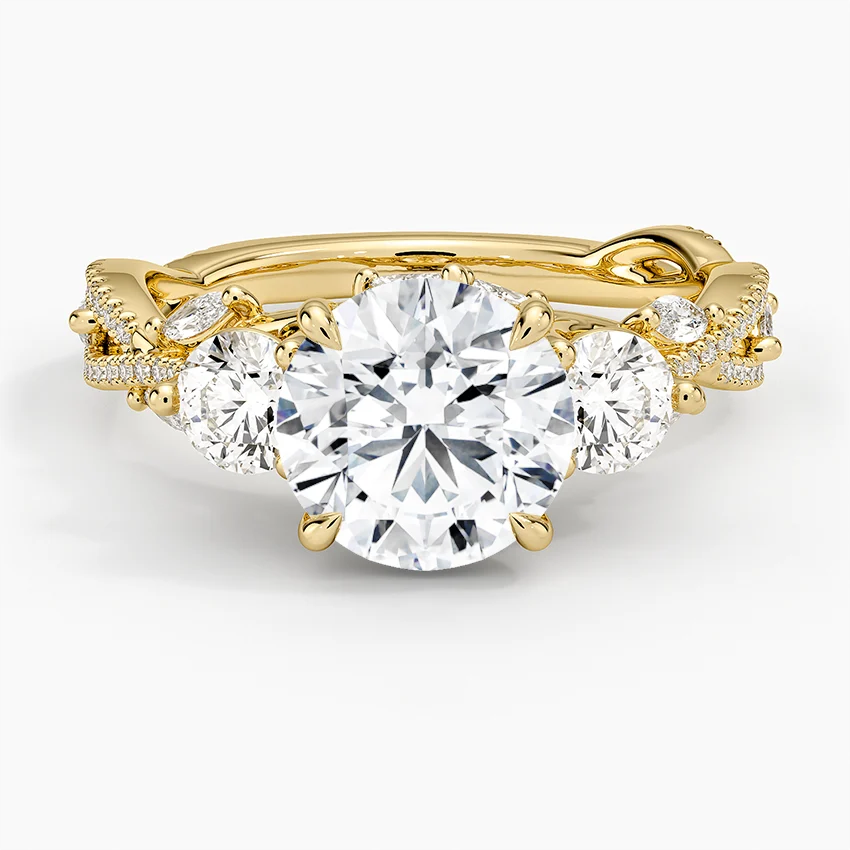 Twisted Vine Three Stone Diamond Engagement Ring, Round Cut Center with Side Diamonds
