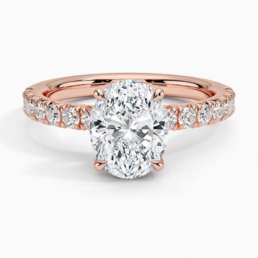 Oval Cut Moissanite Engagement Ring, Hidden Halo Diamond Ring, Pave Band Bridal Ring