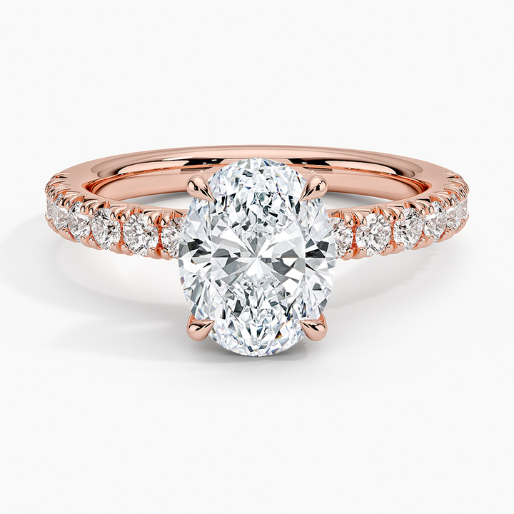 Oval Cut Moissanite Engagement Ring, Hidden Halo Diamond Ring, Pave Band Bridal Ring