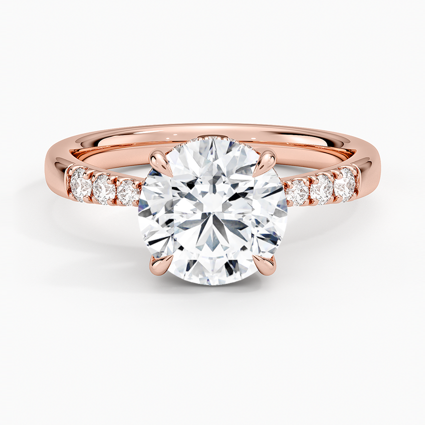 Round Cut Diamond Engagement Ring, 6 Prong Solitaire Ring with Pavé Band, Minimalist Bridal Ring