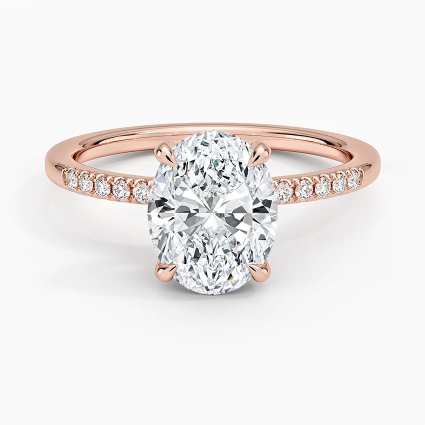 Oval Cut Diamond Engagement Ring, 4 Prong Solitaire Ring, Pave Diamond Band