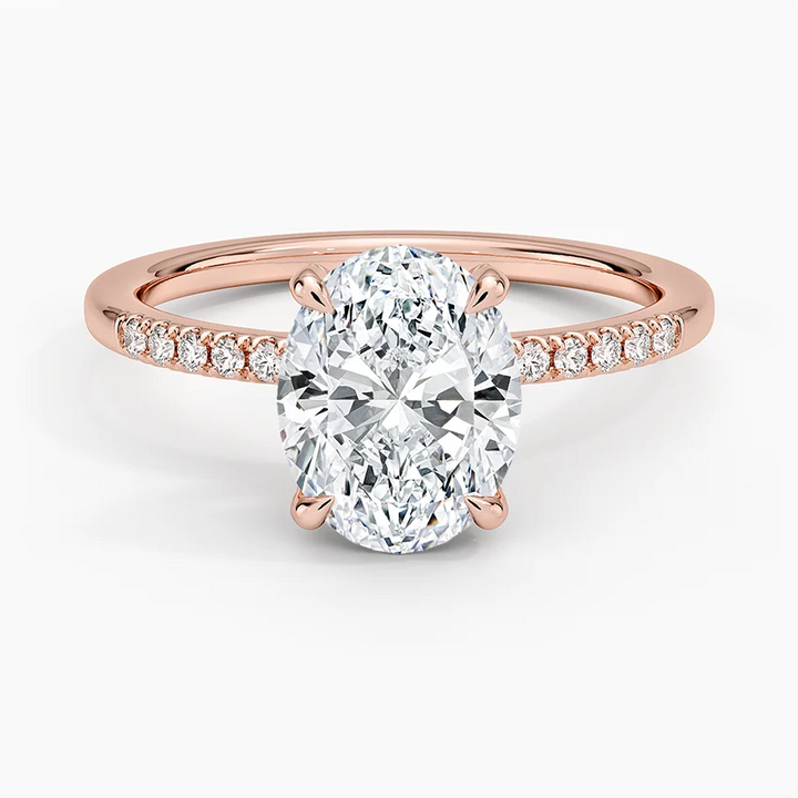 Oval Cut Diamond Engagement Ring, 4 Prong Solitaire Ring, Pave Diamond Band