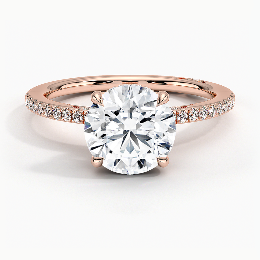 Round Brilliant Cut Solitaire Diamond Engagement Ring with Pavé Band, Minimalist Bridal Ring, Classic Proposal Ring