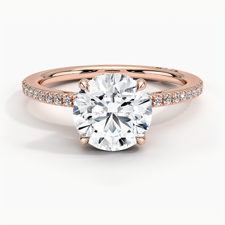 Round Brilliant Cut Solitaire Diamond Engagement Ring with Pavé Band, Minimalist Bridal Ring, Classic Proposal Ring