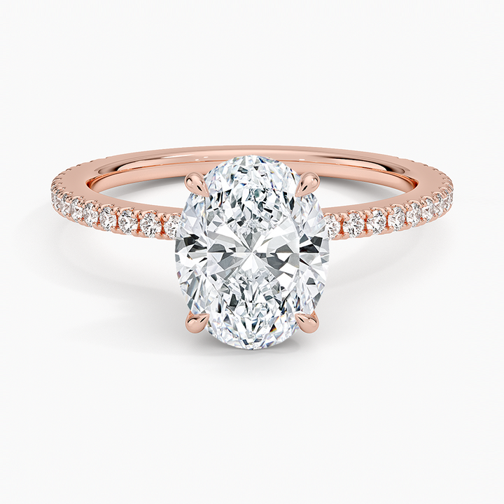 Oval Cut Diamond Engagement Ring, Hidden Halo Pavé Band, Solid Gold Ring