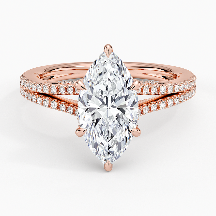 Marquise Cut Moissanite Engagement Ring, Split Shank Pave Diamond Ring, Unique Solitaire Promise Ring