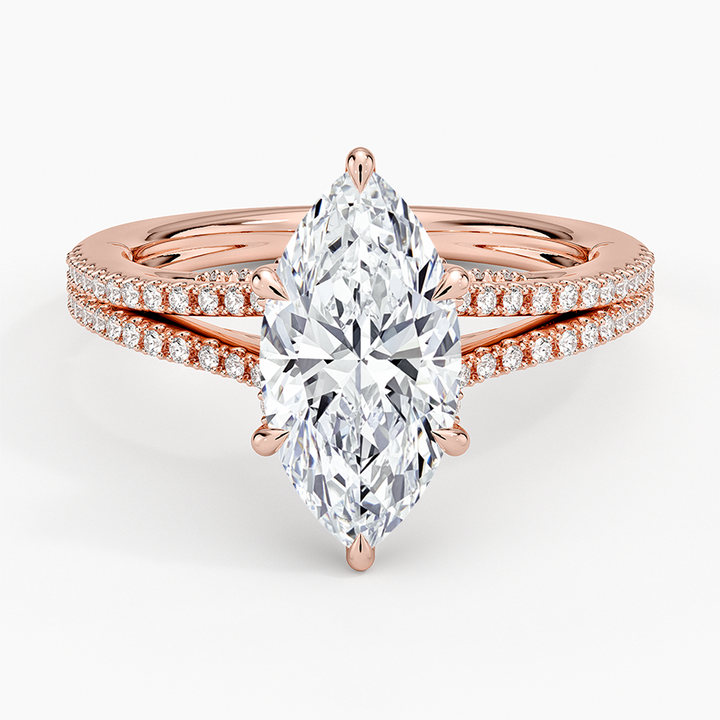 Marquise Cut Moissanite Engagement Ring, Split Shank Pave Diamond Ring, Unique Solitaire Promise Ring