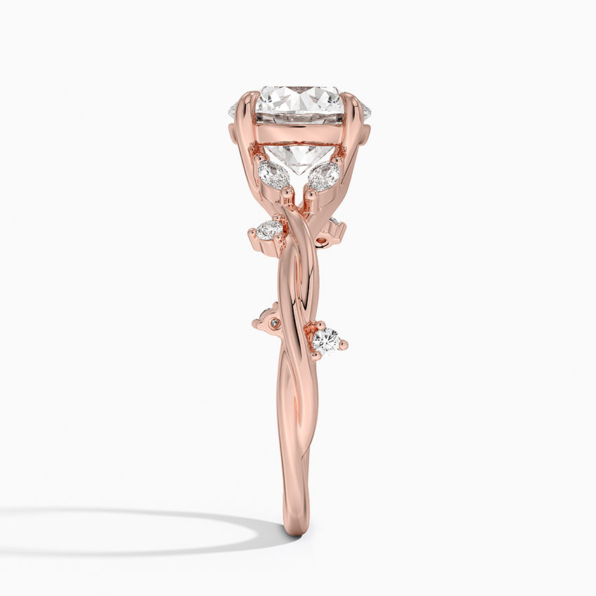 Twisted Vine Moissanite Engagement Ring, Round Cut Solitaire with Leaf Side Stones, Nature Inspired Gold Ring