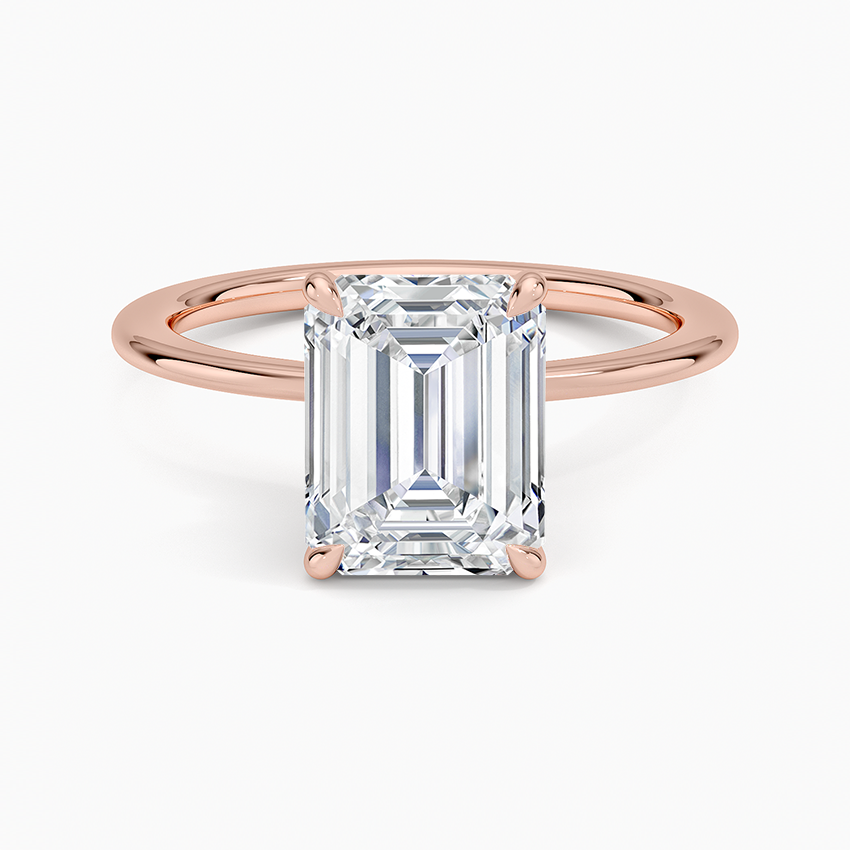 Emerald Cut Solitaire Engagement Ring, Hidden Halo Diamond Ring, Minimalist Prong Setting Ring