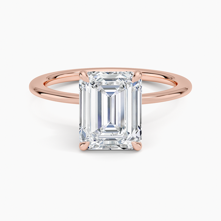 Emerald Cut Solitaire Engagement Ring, Hidden Halo Diamond Ring, Minimalist Prong Setting Ring