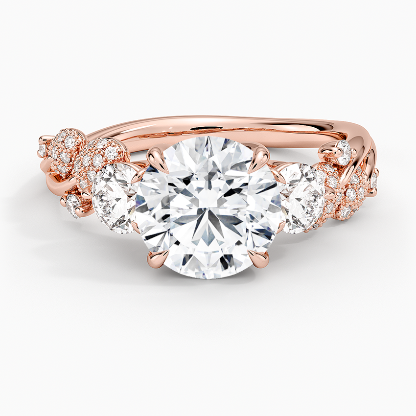 Round Cut Diamond Engagement Ring, Three Stone Diamond Ring, Floral Cluster Side Stones Ring