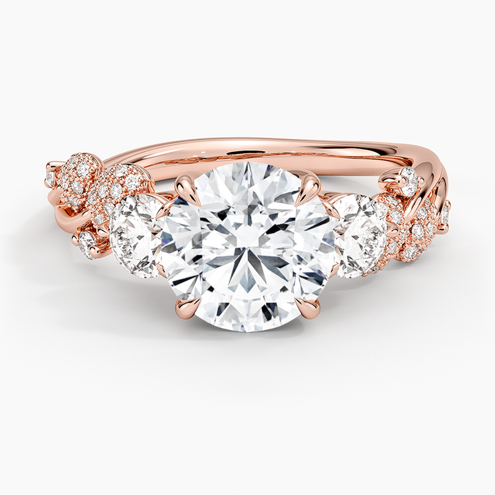 Round Cut Diamond Engagement Ring, Three Stone Diamond Ring, Floral Cluster Side Stones Ring