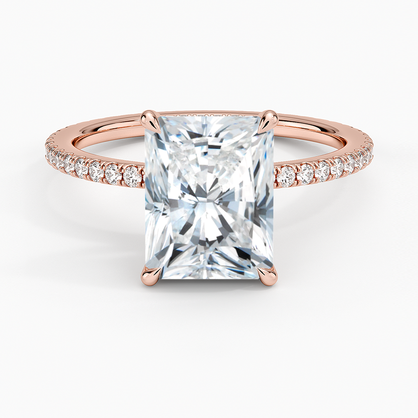 Radiant Cut Solitaire Engagement Ring with Pave Diamond Band, Minimalist Hidden Halo Style, Moissanite Diamond Ring