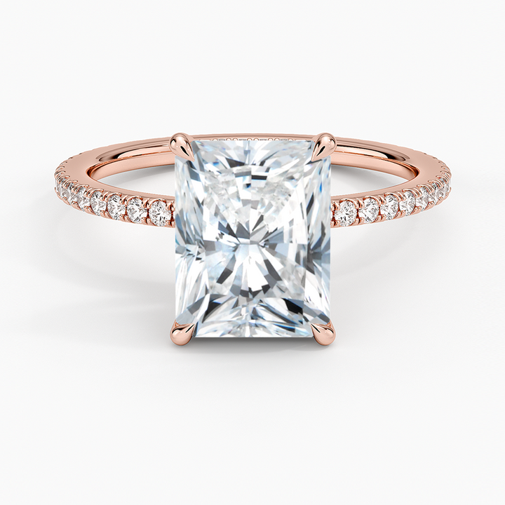 Radiant Cut Solitaire Engagement Ring with Pave Diamond Band, Minimalist Hidden Halo Style, Moissanite Diamond Ring