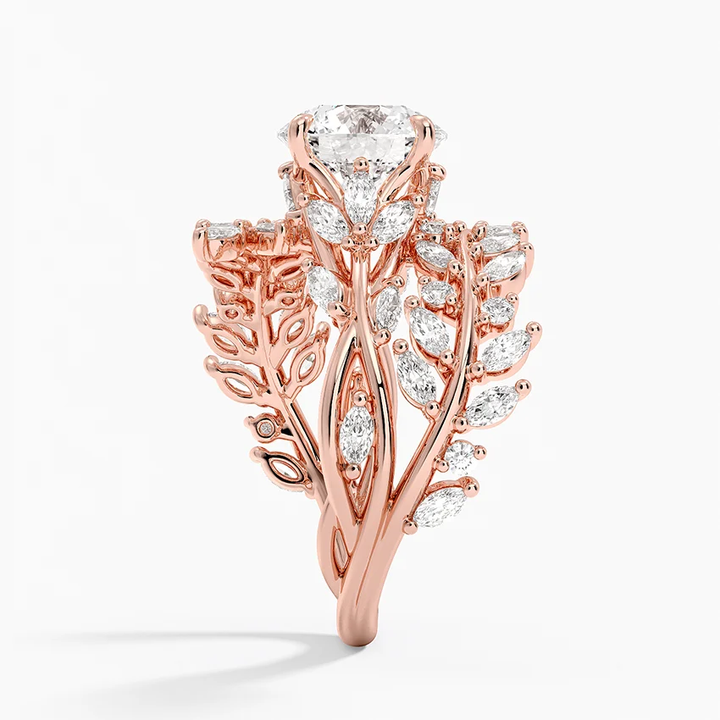 Nature-Inspired Leaf Moissanite Engagement Ring, Round Cut Center Stone with Marquise Diamond Vine Band