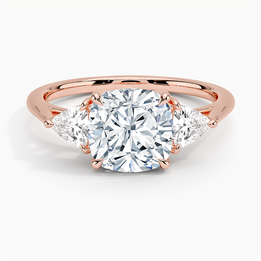 Cushion Cut Diamond Engagement Ring, Three Stone Diamond Ring, Trillion Side Stones