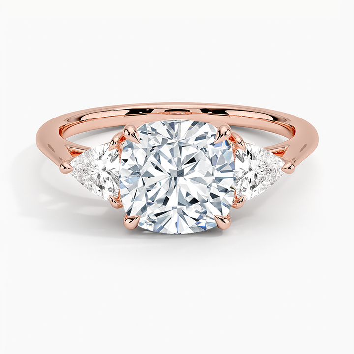 Cushion Cut Diamond Engagement Ring, Three Stone Diamond Ring, Trillion Side Stones