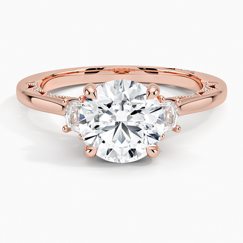 Round Cut Three-Stone Diamond Engagement Ring, Cushion Side Stones