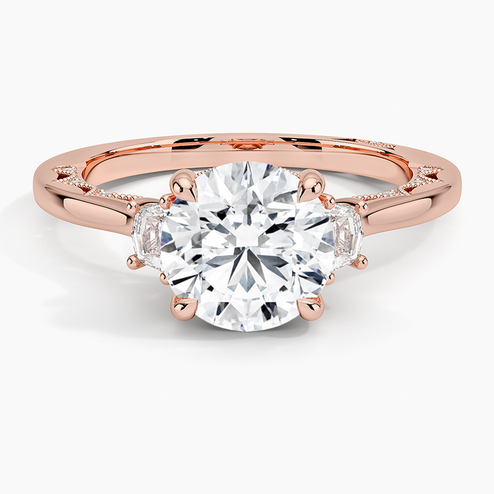 Round Cut Three-Stone Diamond Engagement Ring, Cushion Side Stones