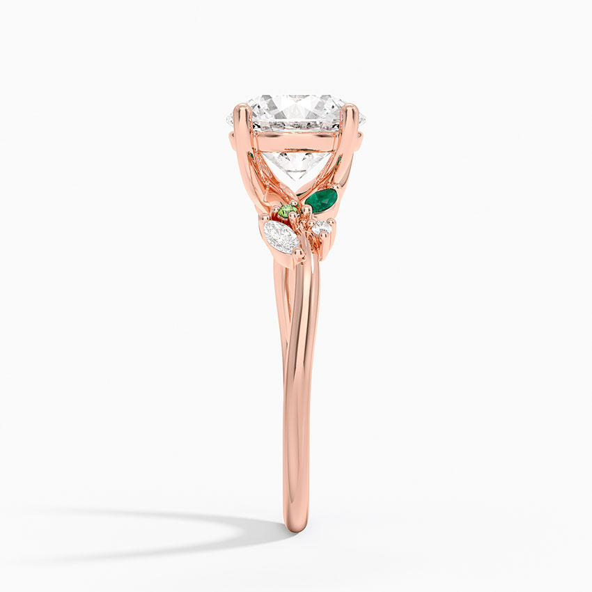 Round Cut Moissanite Engagement Ring with Emerald Leaf Side Stones, Nature Inspired Bridal Ring, Solid Gold Solitaire Ring (Copy)