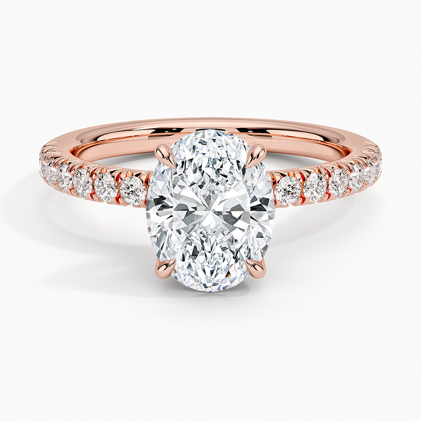 Oval Cut Diamond Engagement Ring, Hidden Halo Pave Band Ring, Oval Solitaire Bridal Ring