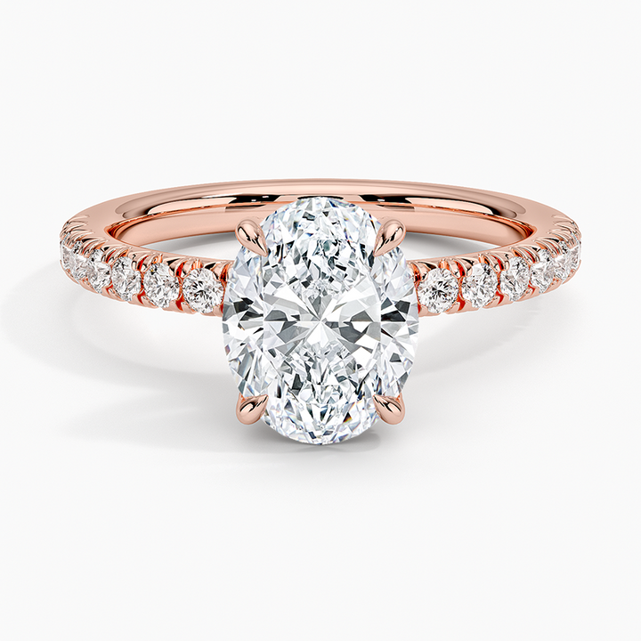 Oval Cut Diamond Engagement Ring, Hidden Halo Pave Band Ring, Oval Solitaire Bridal Ring