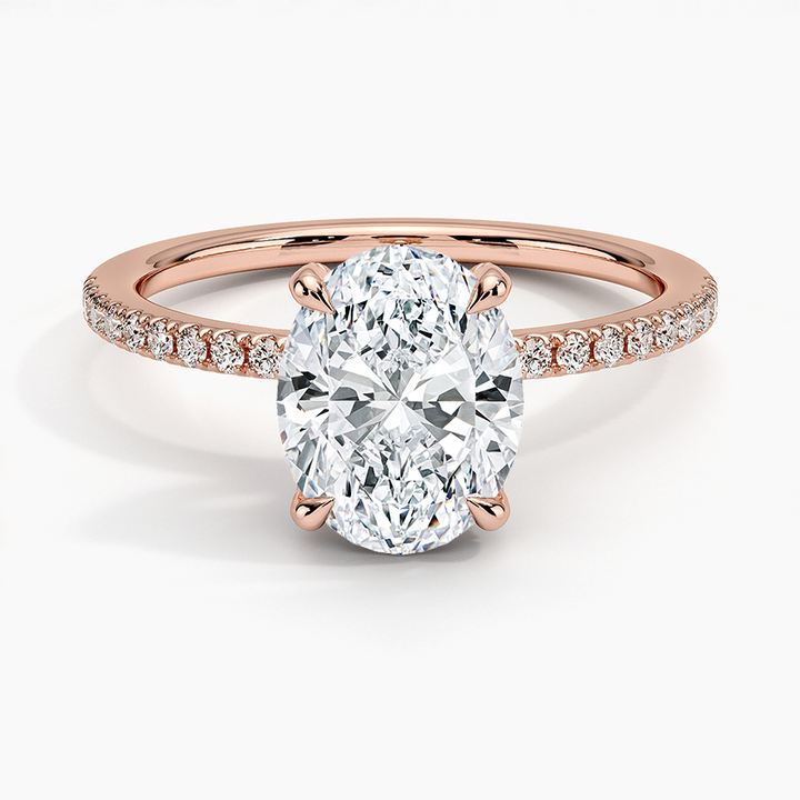 Oval Cut Diamond Engagement Ring, Hidden Halo Pavé Band Ring,Minimalist Engagement Ring for Women
