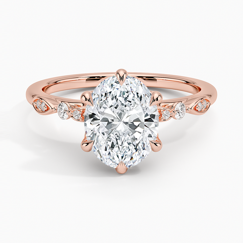Oval Cut Diamond Engagement Ring, Leaf Inspired Pave Band, Nature Inspired Solitaire Ring