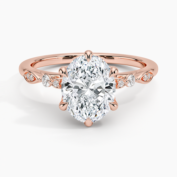 Oval Cut Diamond Engagement Ring, Leaf Inspired Pave Band, Nature Inspired Solitaire Ring