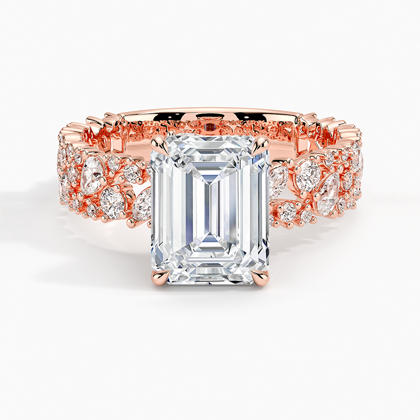 Emerald Cut Diamond Engagement Ring, Vintage Floral Cluster Band Ring, Unique Halo Statement Ring