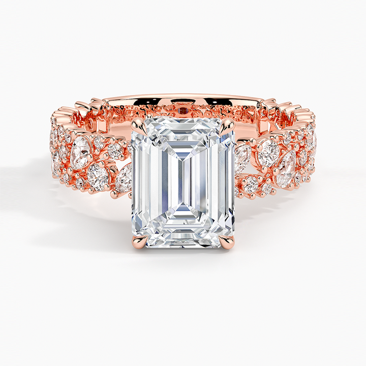 Emerald Cut Diamond Engagement Ring, Vintage Floral Cluster Band Ring, Unique Halo Statement Ring