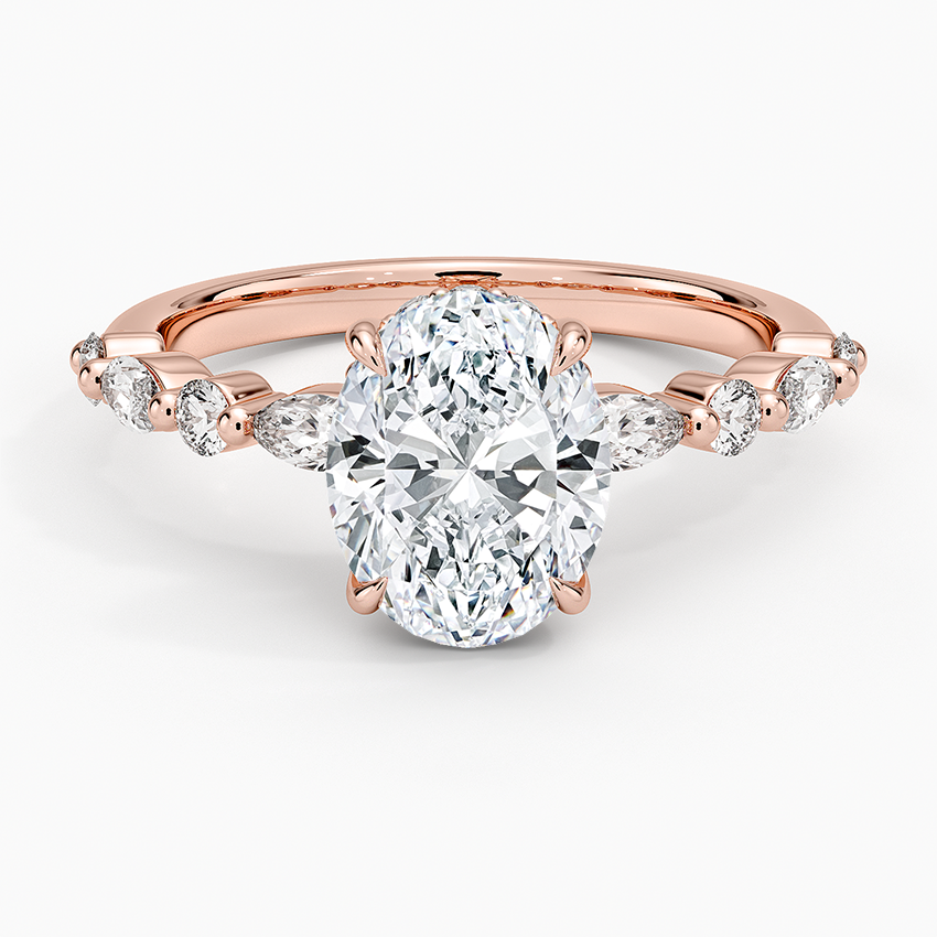 Oval Cut Diamond Engagement Ring with Marquise, Hidden Halo Solitaire Ring
